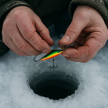 Руки рыболова настраивают зимнюю приманку над лункой