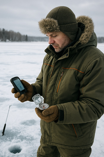 Рыбак сверяет маршрут по GPS и компасу на льду