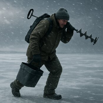 Рыболов идёт по льду навстречу сильному ветру