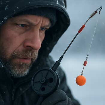 Рыболов внимательно следит за кивком во время упражнения