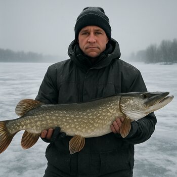 Рыболов держит трофейную рыбу после серии учебных выездов