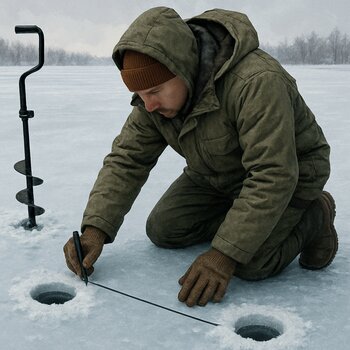 Рыбак отмечает маркером расстояние между свежепробуренными лунками на ровном льду