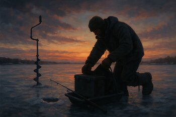 Рыбак складывает снасти в сани на фоне зимних сумерек