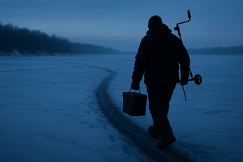Рыбак возвращается к берегу по натоптанной тропе в зимних сумерках