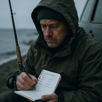 Рыболов просматривает записи о маршруте после выезда на льду