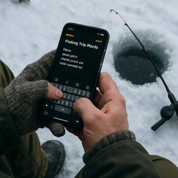 Рыболов набирает заметки о выезде в телефоне, сидя у лунки