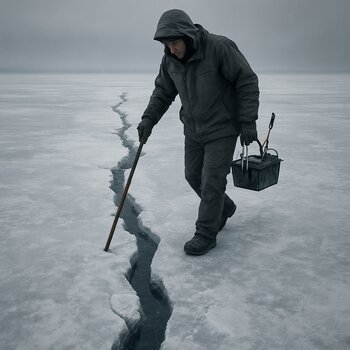 Рыбак идёт вдоль длинной трещины на льду, оценивая её состояние