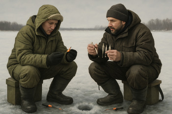 Рыболовы обсуждают приманки и маршрут, сидя у лунок на льду