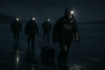 Группа рыбаков с фонарями возвращается к берегу по тёмному льду