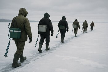 Группа рыбаков идёт цепочкой по льду к точкам ловли
