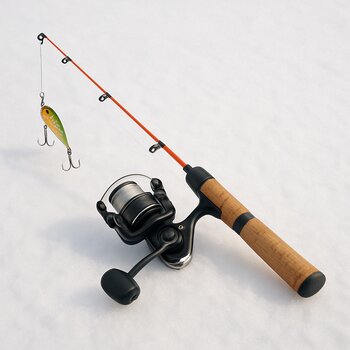 Сбалансированный комплект зимней удочки с катушкой, леской и приманкой на белом снегу