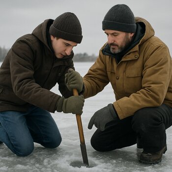 Новичок проверяет лёд вместе с более опытным напарником