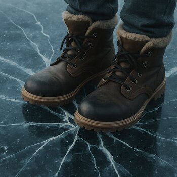 Зимние ботинки на прозрачном льду с сетью трещин под подошвой