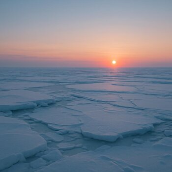 Спокойный зимний горизонт над замёрзшим водоёмом на закате