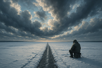 Маршрут на льду уходит в сторону под меняющимся зимним небом