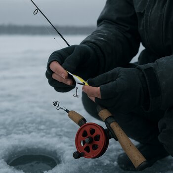 Рыболов меняет приманки на льду в день с редкими поклёвками