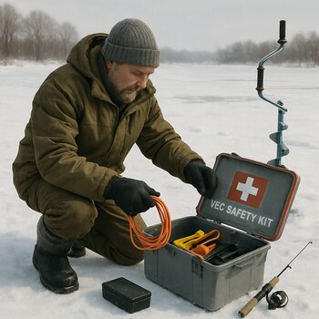 Рыбак проверяет комплект безопасности для выхода на лед