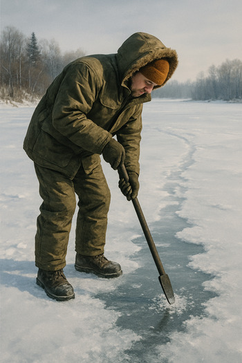 Рыбак проверяет толщину льда пешней на начальном участке маршрута