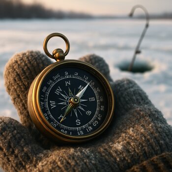 Компас лежит на перчатке зимнего рыбака, стрелка указывает направление маршрута