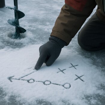 Инструктор рисует схему маршрута на снегу на поверхности льда