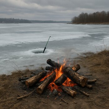 Угли в небольшом мангале рядом с заснеженным берегом замерзшего водоема