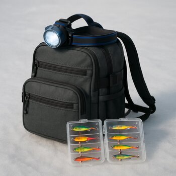 Компактный рюкзак зимнего рыбака с коробками приманок и налобным фонарём
