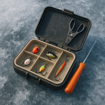 Небольшая коробка со снастями для зимней рыбалки лежит на льду