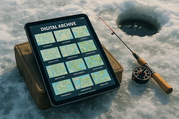 План маршрутов зимней рыбалки на экране планшета рядом с картой