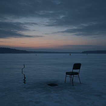 Вечерний вид замёрзшего водоёма после завершения рыбалки
