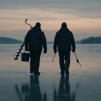 Двое рыбаков медленно идут по льду обратно к берегу после тренировки