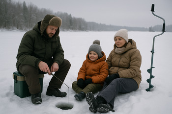 Семья делает остановку на маршруте зимней рыбалки возле лунки