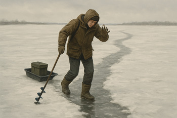 Рыбак первого сезона осторожно идет по утоптанной тропе на замерзшем озере