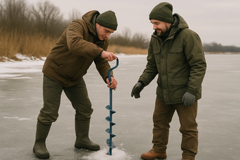 Двое друзей учатся работать ледобуром на безопасной прибрежной зоне