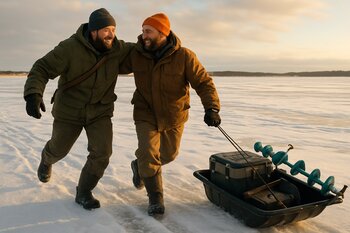 Компания друзей на льду рядом с санями и лунками