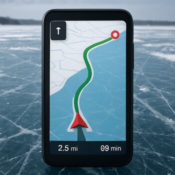 Экран устройства с GPS-треком по замёрзшему озеру и отмеченными точками