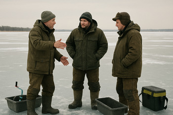 Группа рыбаков обсуждает ошибки маршрута возле саней на льду