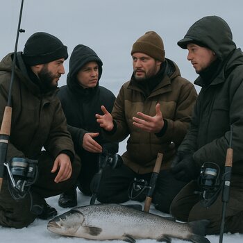 Группа рыбаков обсуждает оснащение после трофейного выезда