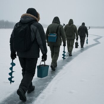 Команда следует учебному маршруту по льду друг за другом