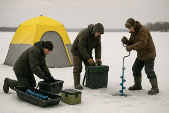 Компания рыбаков раскладывает снаряжение возле палатки на льду