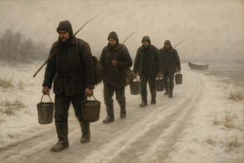 Группа рыбаков возвращается к берегу по намеченному запасному пути