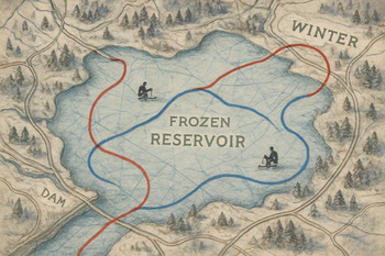 Рукописные линии маршрута поверх бумажной карты замёрзшего водоёма