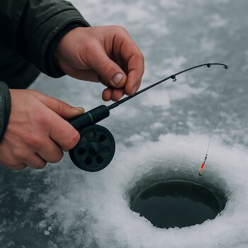 Руки рыболова отрабатывают движения приманкой над лункой