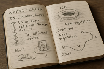 Открытый блокнот с рукописными заметками по маршрутам зимней рыбалки