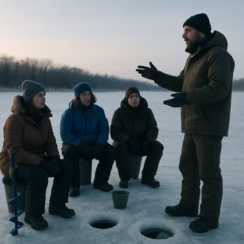 Небольшая группа рыбаков слушает объяснение на льду у лунок