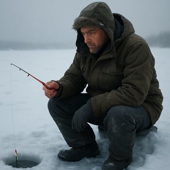 Рыболов спокойно сидит у лунки и наблюдает за снастью без поклёвок