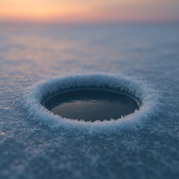 Лунка на зорьке на прозрачном льду с тонкой кромкой инея