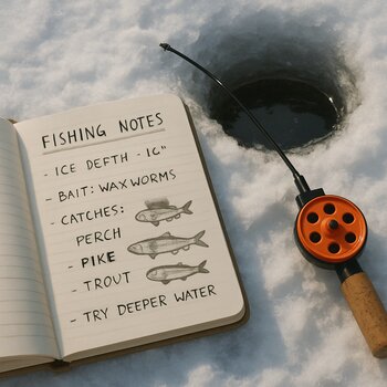 Блокнот с заметками о рыбалке лежит рядом с лункой на заснеженном льду