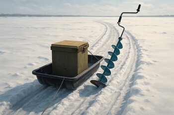 Сани с ящиком и буром тянутся по проторённой дорожке на заснеженном льду