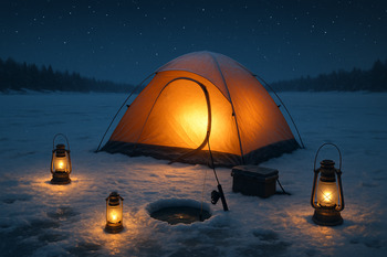 Небольшой лагерь зимней рыбалки с палаткой и фонарями в темноте