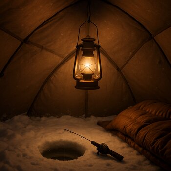 Фонарь висит под потолком ледового укрытия и мягко освещает лунку